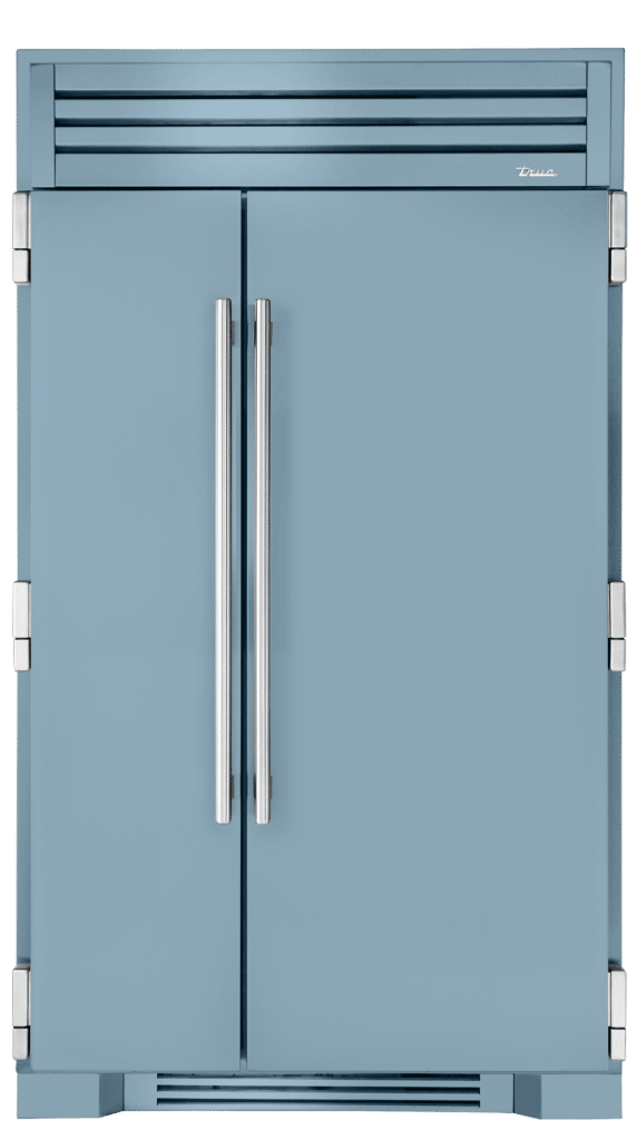 Bluestone color 48-inch side-by-side refrigerator with solid door.
