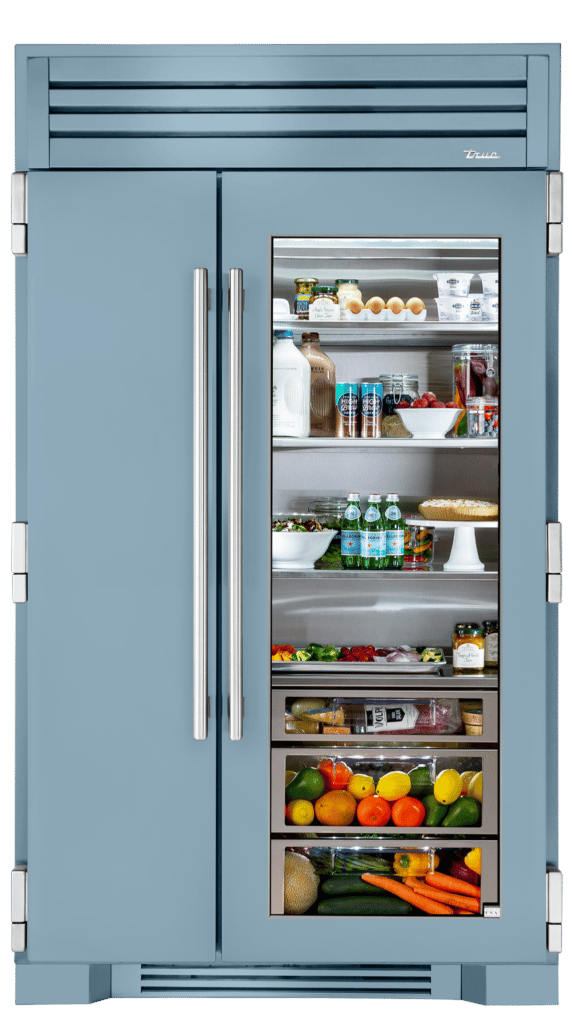 Bluestone color 48 inch side-by-side refrigerator with solid door.