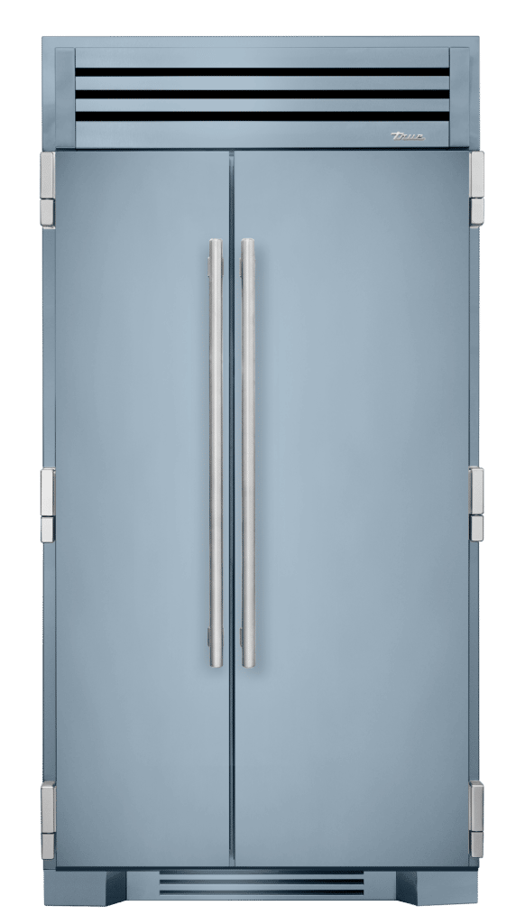Bluestone color side-by-side refrigerator with solid door.