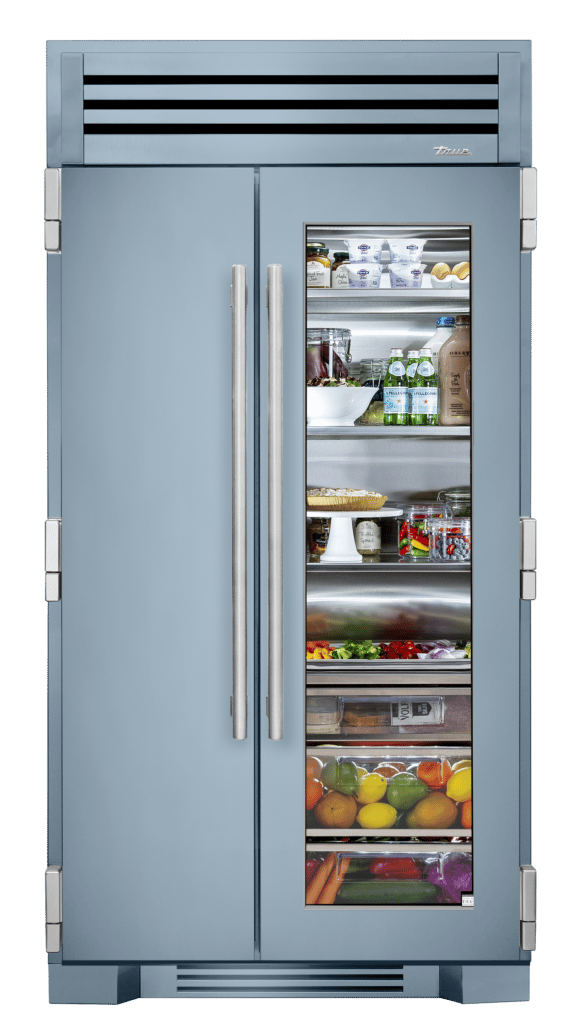 Bluestone color side-by-side refrigerator with solid door.